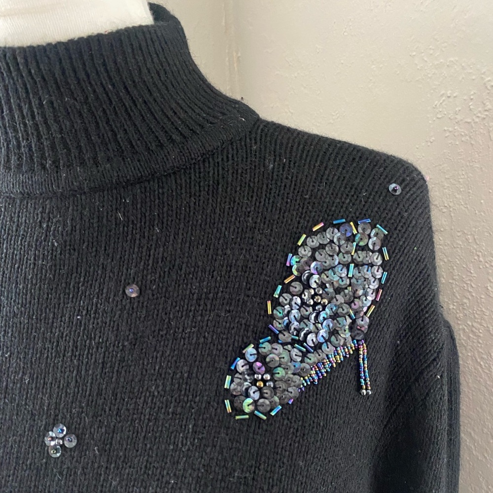 Vtg Black Mockneck Beaded Sequin Butterfly Appliqué Sweater Cottage Coquette L - Picture 3 of 9